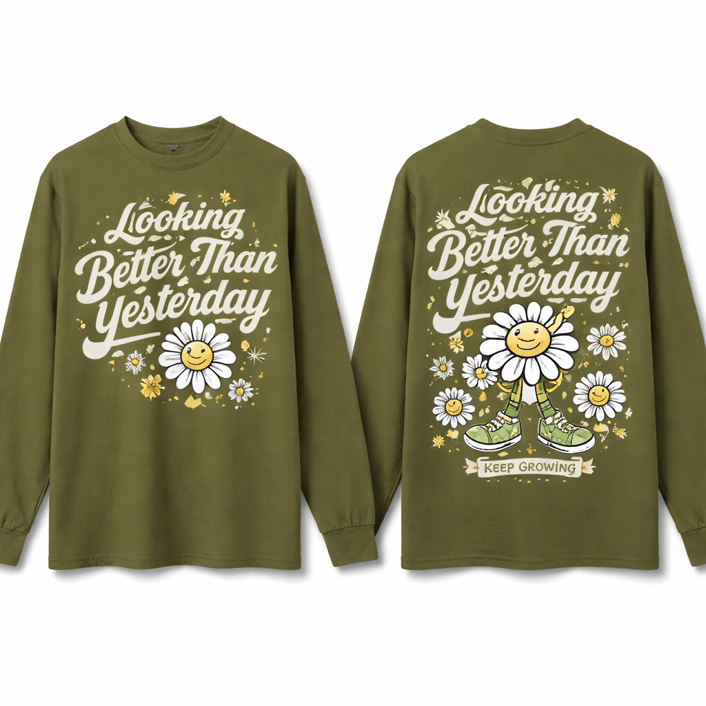 Maak een longsleef met een slogan looking better than yesterday en dan een leuke design erbij met de kleur olijf groen en wit
Maak een longsleef met een slogan looking better than yesterday en dan een leuke design erbij met de kleur olijf groen en wit
, show front and back