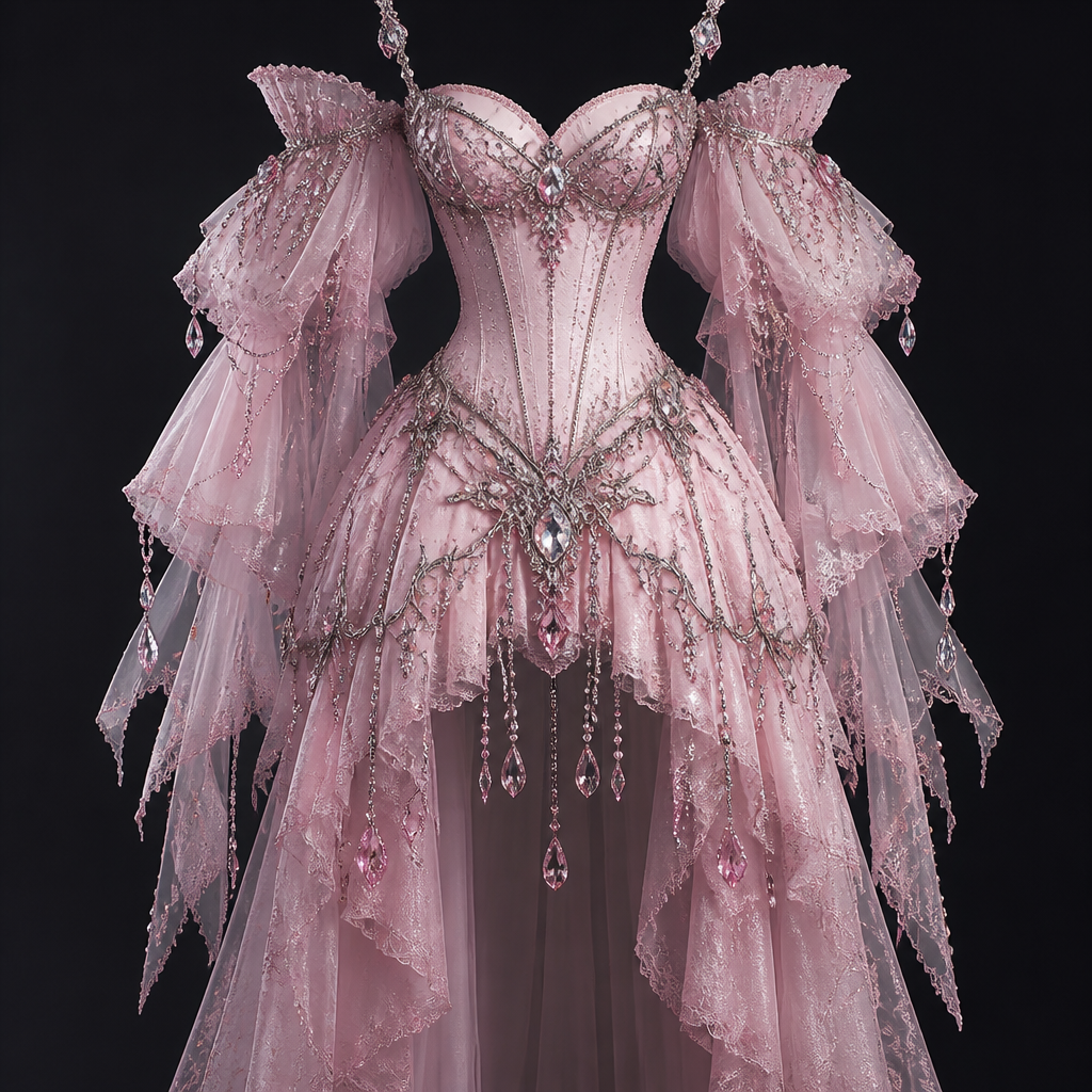 Pink with toons of crystals
photorealistic fashion design, Pink with toons of crystals , gothic style, just the design no text