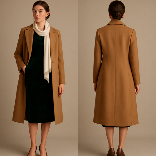 Elegant old-money Christmas holiday cocktail outfit: deep forest-green velvet sheath dress with a tailored camel wool coat, cream silk scarf loosely draped, minimal gold pearl drop earrings, classic leather pumps, timeless vintage-inspired aesthetic for a refined Christmas evening.”