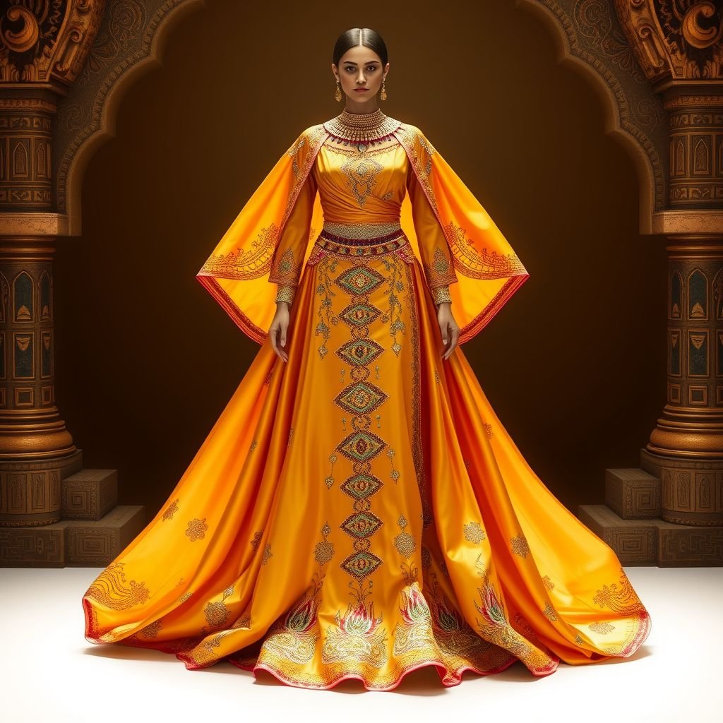 Fusion design mixture of Ancient Egyptian and Modern Indian Fashion clothing
Envision a stunning gown that melds the regal splendor of Ancient Egyptian attire with the vibrant elegance of Modern Indian fashion. Draped in rich, golden-hued silk reminiscent of hieroglyphics, the dress features intricate beadwork inspired by Indian motifs. Flowing silhouette, embellished with a cowl neckline and ornate capelets, creates an ethereal look.