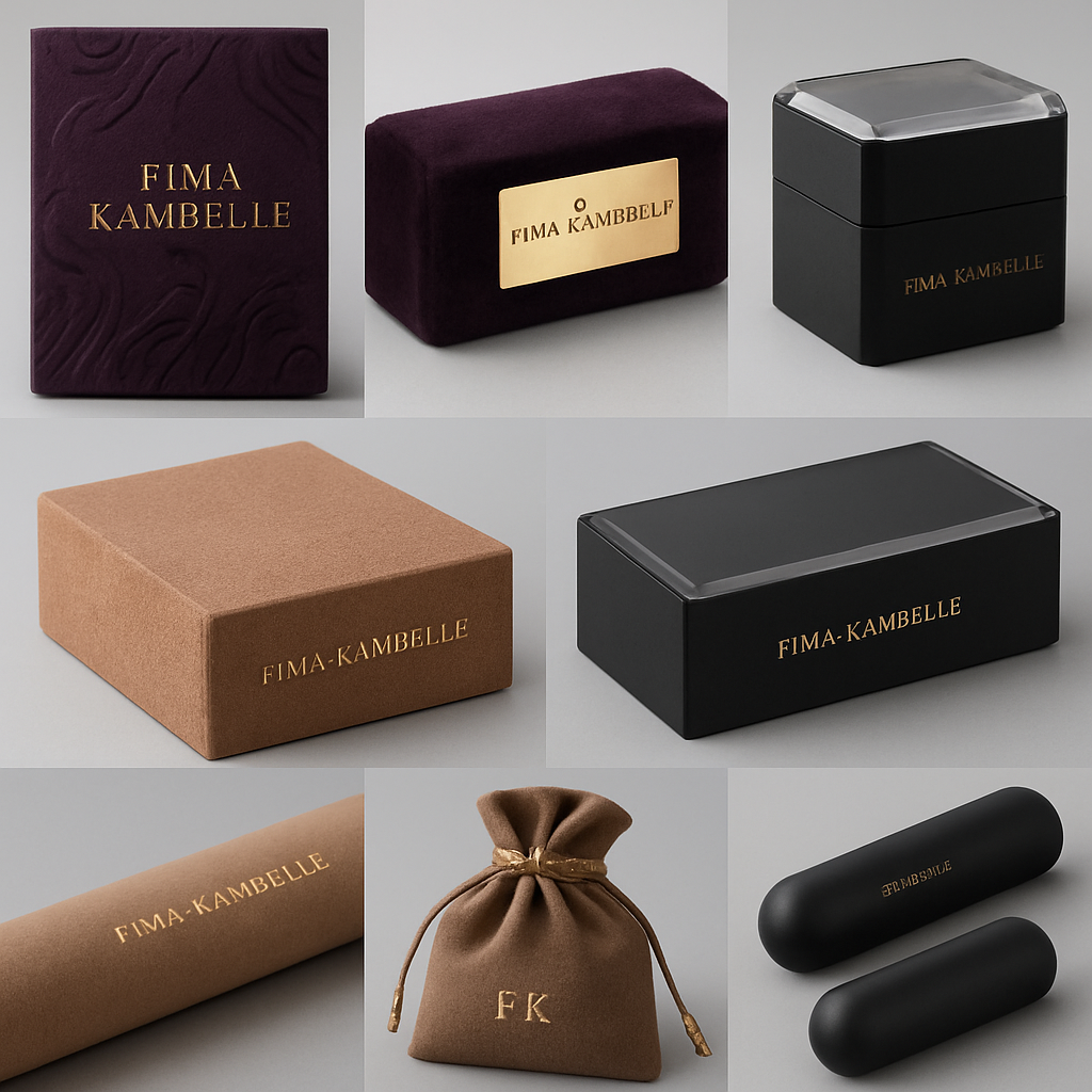 FIMA KAMBELLE clothing brand packaging
1. Sculpted art boxes with carved textures in deep plum or obsidian.
2. Velvet-wrapped cases with gold metal nameplates.
3. Matte boxes with crystal-edge lids for a luxe reveal.
4. Sand-pressed textured boxes in rich, earthy tones.
5. Silk-wrapped scroll tubes for scarves and accessories.
6. Suede pouches with metallic cords and minimal FK branding.
7. Seamless magnetic capsules for a modern, couture feel.
FIMA KAMBELLE clothing brand packaging
1. Sculpted art boxes with carved textures in deep plum or obsidian.
2. Velvet-wrapped cases with gold metal nameplates.
3. Matte boxes with crystal-edge lids for a luxe reveal.
4. Sand-pressed textured boxes in rich, earthy tones.
5. Silk-wrapped scroll tubes for scarves and accessories.
6. Suede pouches with metallic cords and minimal FK branding.
7. Seamless magnetic capsules for a modern, couture feel.