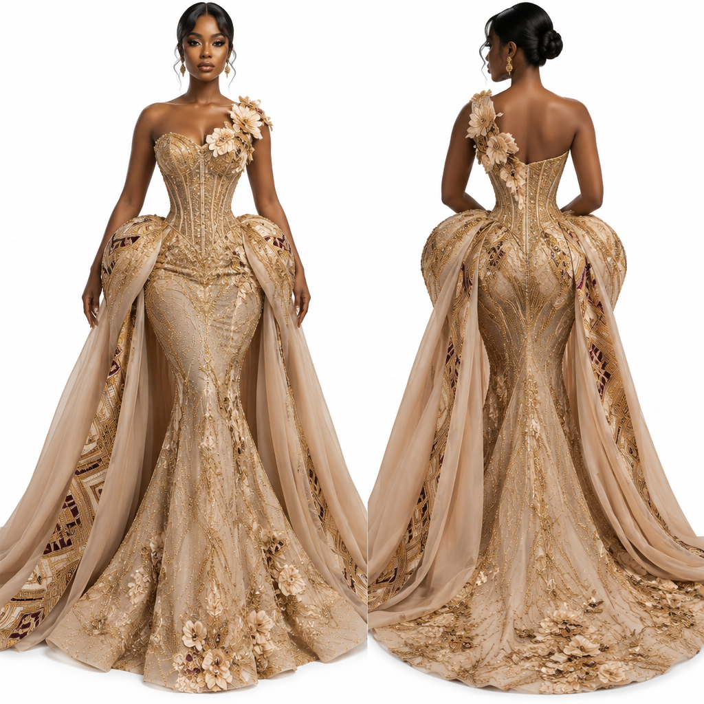 “High-fashion Ghanaian engagement gown, sculpted corset bodice with exaggerated architectural hips, fitted mermaid silhouette, one-shoulder neckline, hand-placed 3D floral appliqué, intricate gold beadwork, layered champagne tulle, subtle kente-inspired geometric detailing, dramatic detachable overskirt, couture construction, sophisticated feminine silhouette, luxury African fashion editorial, full-length fashion sketch, front view, clean white background.”
photorealistic fashion design, “High-fashion Ghanaian engagement gown, sculpted corset bodice with exaggerated architectural hips, fitted mermaid silhouette, one-shoulder neckline, hand-placed 3D floral appliqué, intricate gold beadwork, layered champagne tulle, subtle kente-inspired geometric detailing, dramatic detachable overskirt, couture construction, sophisticated feminine silhouette, luxury African fashion editorial, full-length fashion sketch, front view, clean white background.”, western style, just the design no text, show front and back
