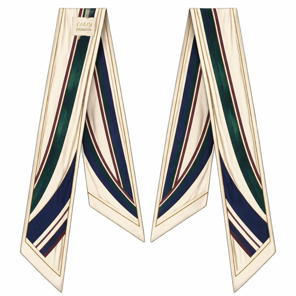 Design a 5cm x 86cm silk twill scarf for a luxury brand called Jolie Franc with an American preppy style and a touch of British tailoring. Feature a crisp heritage stripe pattern inspired by Ivy League ribbons and classic British regimental stripes. Use a refined color palette of ivory with subtle antique gold accents. The design should be structured, balanced, and timeless, with a thin framed border and hand-rolled edges. Elegant and recognizable when wrapped around a Kelly-style bag handle or worn for refined daytime or evening occasions.
Design a 5cm x 86cm silk twill scarf for a luxury brand called Jolie Franc with an American preppy style and a touch of British tailoring. Feature a crisp heritage stripe pattern inspired by Ivy League ribbons and classic British regimental stripes. Use a refined color palette of ivory with subtle antique gold accents. The design should be structured, balanced, and timeless, with a thin framed border and hand-rolled edges. Elegant and recognizable when wrapped around a Kelly-style bag handle or worn for refined daytime or evening occasions., classic style, show front and back