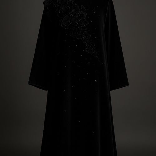 The Velvet Midnight Bloom Abaya
Tone: Deep velvet black
Fabric: Heavy velvet–crepe blend
Design:
A dense cluster of 3D velvet flowers around the neckline flowing softly across one sleeve.
Embellishment:
Black Swarovski stones scattered like stars.
Vibe:
Royal, powerful, and irresistibly classy.