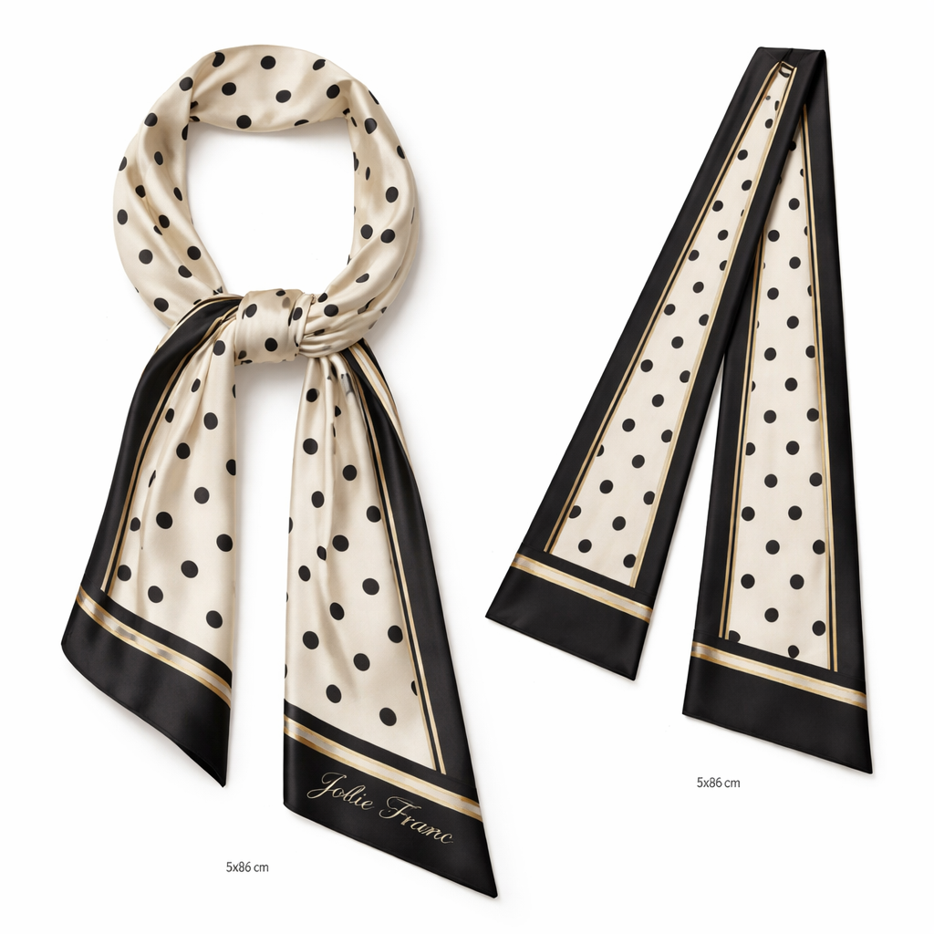 Design a silk scarf thanks 5x 86cm to be wrapped on the handle of a purse.
No logos or any school relation but a collegiate feel. Create a signature look for my brand Jolie Franc. Keep it simple and tailored do polka dots
Ivory combination with black soft
Design a silk scarf thanks 5x 86cm to be wrapped on the handle of a purse.
No logos or any school relation but a collegiate feel. Create a signature look for my brand Jolie Franc. Keep it simple and tailored do polka dots
Ivory combination with black soft, classic style, show front and back