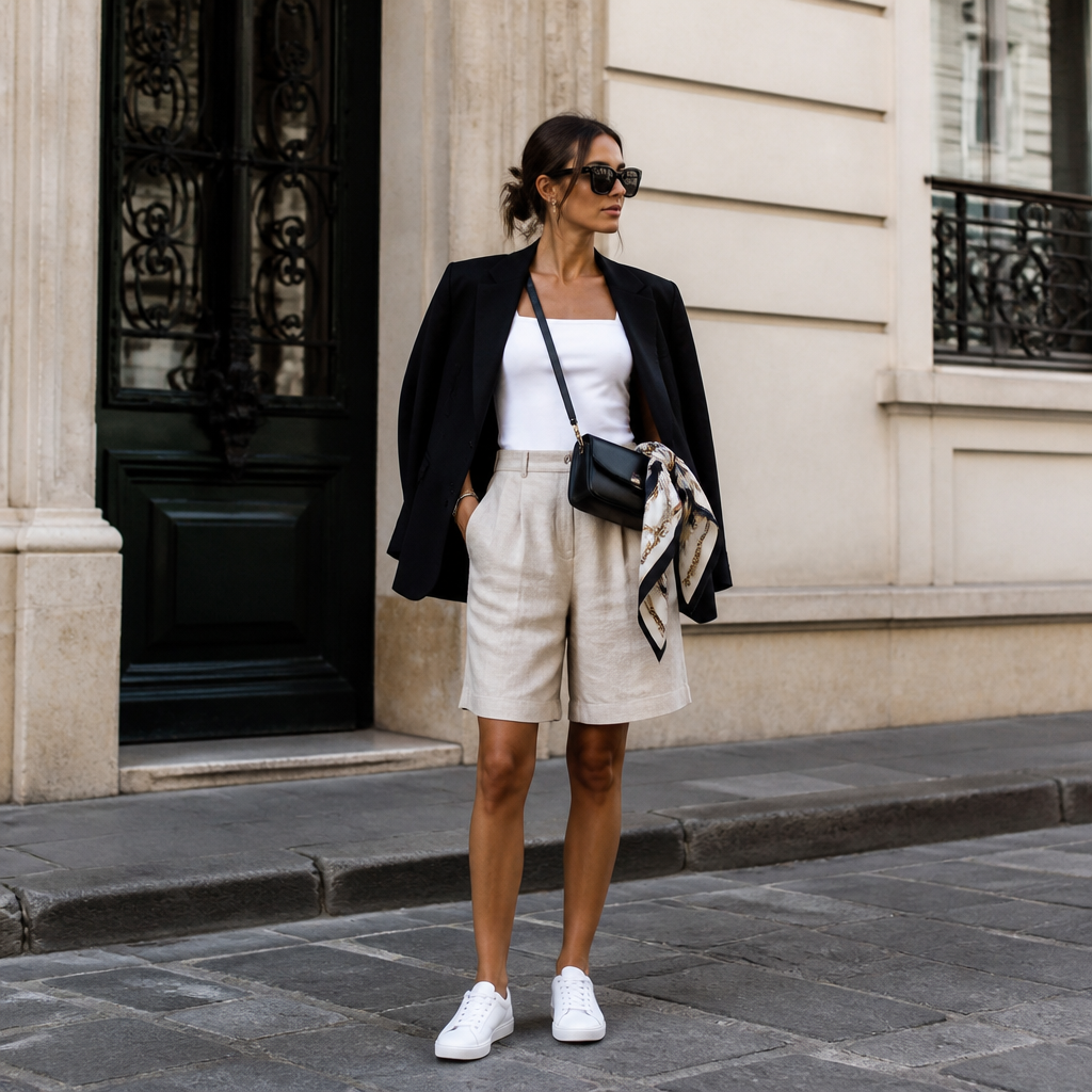 A woman wearing a white square-neck tank top and loose beige linen Bermuda shorts. Layered over her shoulders is an oversized black blazer. She has white leather sneakers on her feet and carries a black crossbody bag. She wears large black sunglasses and a silk scarf tied around the handle of the bag. Full-body shot, Parisian street style, photorealistic, soft natural sunlight, urban background.
photorealistic fashion design, A woman wearing a white square-neck tank top and loose beige linen Bermuda shorts. Layered over her shoulders is an oversized black blazer. She has white leather sneakers on her feet and carries a black crossbody bag. She wears large black sunglasses and a silk scarf tied around the handle of the bag. Full-body shot, Parisian street style, photorealistic, soft natural sunlight, urban background., casual style, just the design no text