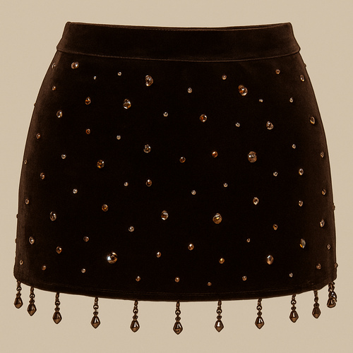 Velvet low waist mini skirt in chocolate brown with sporadic rhinestones
Add brown gems spread out sporadically
Add brown beads hanging off skirt spread out sporadically
