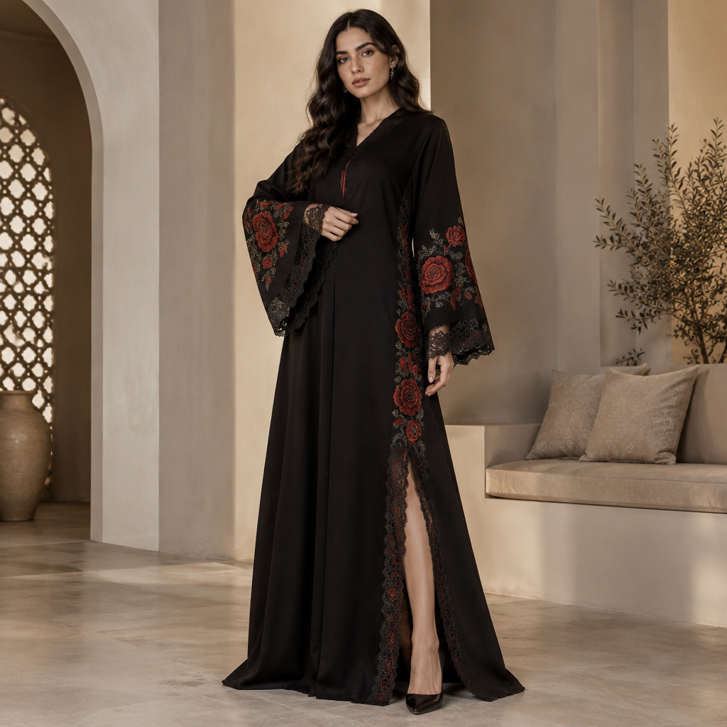 A Abaya design. Wide at the wrist, embroidered with roses, featuring lace and a slit from the waist to the end of the leg on the left side.. Tunisia fashion aesthetics. Present it as professional fashion catalogue photography: the garment is the subject, shown full-length with editorial styling, neutral posing and tasteful, non-suggestive framing.
photorealistic fashion design, A Abaya design. Wide at the wrist, embroidered with roses, featuring lace and a slit from the waist to the end of the leg on the left side.. Tunisia fashion aesthetics. Present it as professional fashion catalogue photography: the garment is the subject, shown full-length with editorial styling, neutral posing and tasteful, non-suggestive framing., just the design no text