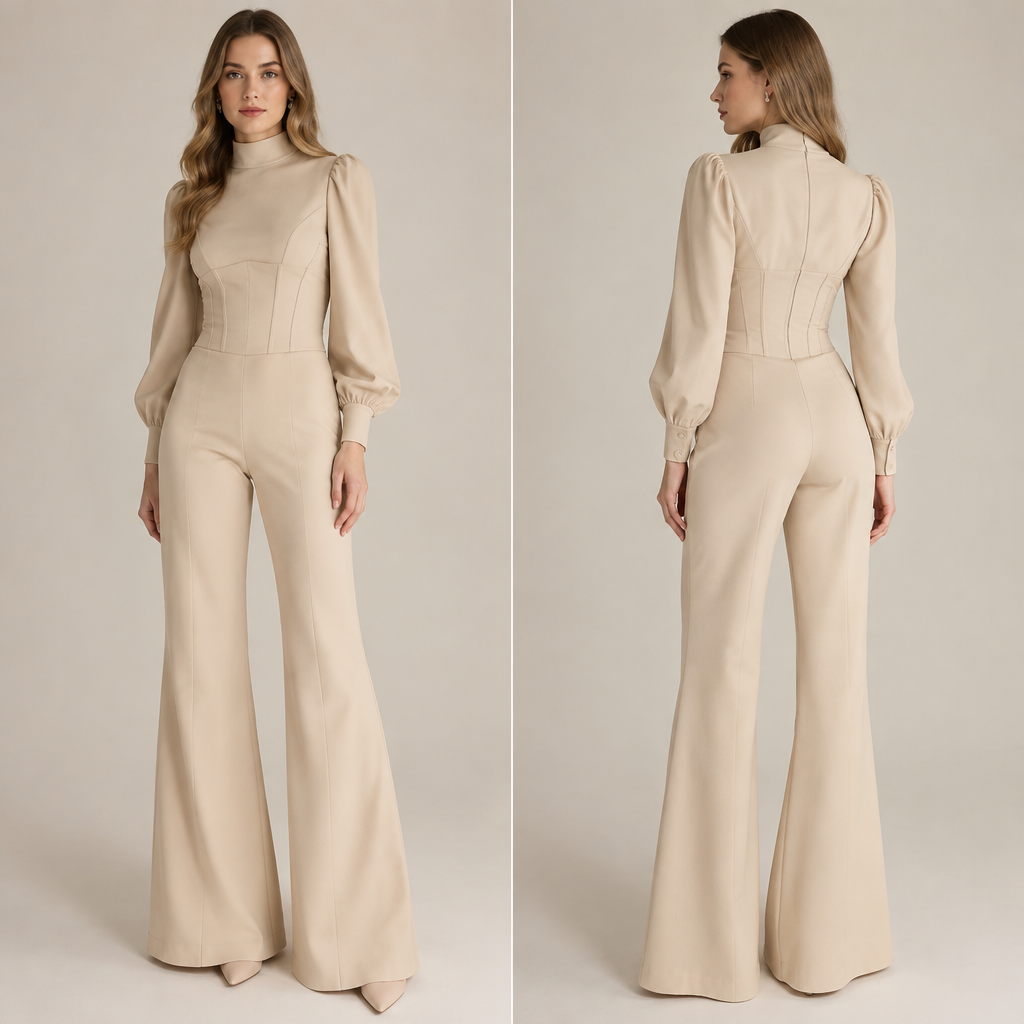 A Female Dress design, with modest, full coverage: longer hemlines, higher necklines and covered shoulders, suitable for Fall. korse üst olsun altı İspanyol paça olsun bej rengi olsun. Present it as professional fashion catalogue photography: the garment is the subject, shown full-length with editorial styling, neutral posing and tasteful, non-suggestive framing.
photorealistic fashion design, A Female Dress design, with modest, full coverage: longer hemlines, higher necklines and covered shoulders, suitable for Fall. korse üst olsun altı İspanyol paça olsun bej rengi olsun. Present it as professional fashion catalogue photography: the garment is the subject, shown full-length with editorial styling, neutral posing and tasteful, non-suggestive framing., just the design no text