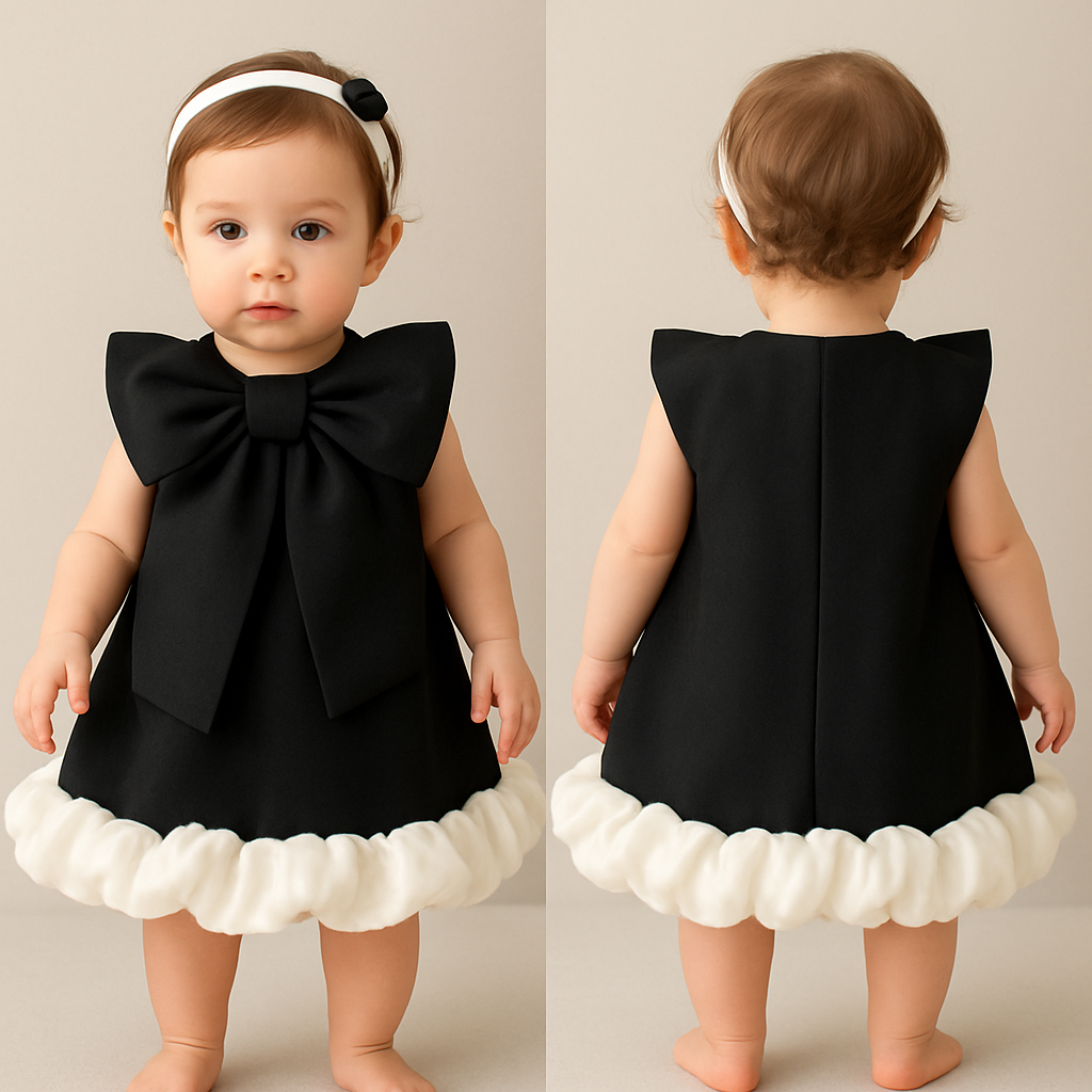 一歳の女の子着用画
ジャケット生地の黒のノンスリーブワンピー
ス、丈は膝上
胸元のリボンは、非常に大きく、肩にかかるほど幅広いサイズにしてください。
ノンスリーブの肩線が隠れるくらいの大きさで、襟元を完全に覆うリボンです。
胸のリボンは、ループ部分だけの"結び目風リボンにしてください。タレ(垂れ下がる細長い部分)は一切つけないでください。
裾のデザインは、段々スカートではありません。
スカートは一段だけのAラインで、裾に"雲のようにふくらむ白色の立体的なフリル”を密集して付けてください。
フリルは平らに広がらず、くるんと丸くカールさせて、花びらのような立体感を出してください。
裾全体がモコモコとふくらむバルーンシルエットになるように。
背中に装飾はなし
頭には白のカチューシャ
カチューシャにはちょっとした黒い装飾
一歳の女の子着用画
ジャケット生地の黒のノンスリーブワンピー
ス、丈は膝上
胸元のリボンは、非常に大きく、肩にかかるほど幅広いサイズにしてください。
ノンスリーブの肩線が隠れるくらいの大きさで、襟元を完全に覆うリボンです。
胸のリボンは、ループ部分だけの"結び目風リボンにしてください。タレ(垂れ下がる細長い部分)は一切つけないでください。
裾のデザインは、段々スカートではありません。
スカートは一段だけのAラインで、裾に"雲のようにふくらむ白色の立体的なフリル”を密集して付けてください。
フリルは平らに広がらず、くるんと丸くカールさせて、花びらのような立体感を出してください。
裾全体がモコモコとふくらむバルーンシルエットになるように。
背中に装飾はなし
頭には白のカチューシャ
カチューシャにはちょっとした黒い装飾
, show front and back