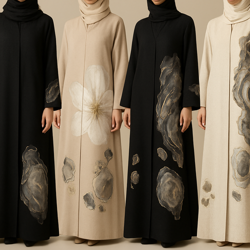 Create a modest abaya that's the first of its kind, featuring a unique stone design that exudes a classy and sophisticated vibe. I'd like four designs, each showcasing different styles and fabrics.Incorporate high-end, unique chic stone designs to make them truly special. And add little cute touch of sophisticated stone designs. Add huge flower and unique designs.
