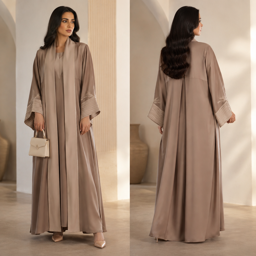 A Female fashion design. تصميم شبيه نفس الماتريل وعدد القطع والأناقة والعصرية غير بعض التفاصيل الاخرى. UAE fashion aesthetics. Present it as professional fashion catalogue photography: the garment is the subject, shown full-length with editorial styling, neutral posing and tasteful, non-suggestive framing.
photorealistic fashion design, A Female fashion design. تصميم شبيه نفس الماتريل وعدد القطع والأناقة والعصرية غير بعض التفاصيل الاخرى. UAE fashion aesthetics. Present it as professional fashion catalogue photography: the garment is the subject, shown full-length with editorial styling, neutral posing and tasteful, non-suggestive framing., just the design no text