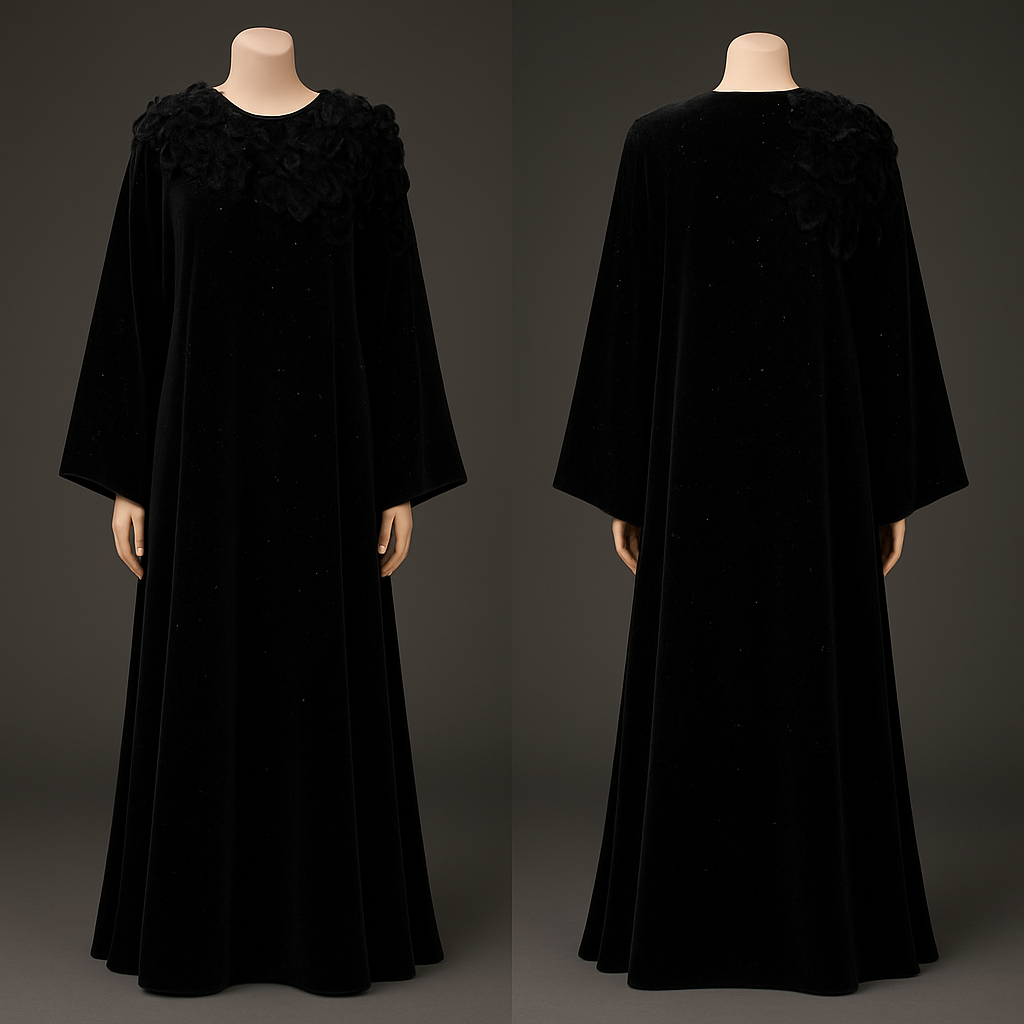 The Velvet Midnight Bloom Abaya
Tone: Deep velvet black
Fabric: Heavy velvet–crepe blend
Design:
A dense cluster of 3D velvet flowers around the neckline flowing softly across one sleeve.
Embellishment:
Black Swarovski stones scattered like stars.
Vibe:
Royal, powerful, and irresistibly classy.

The Velvet Midnight Bloom Abaya
Tone: Deep velvet black
Fabric: Heavy velvet–crepe blend
Design:
A dense cluster of 3D velvet flowers around the neckline flowing softly across one sleeve.
Embellishment:
Black Swarovski stones scattered like stars.
Vibe:
Royal, powerful, and irresistibly classy., show front and back