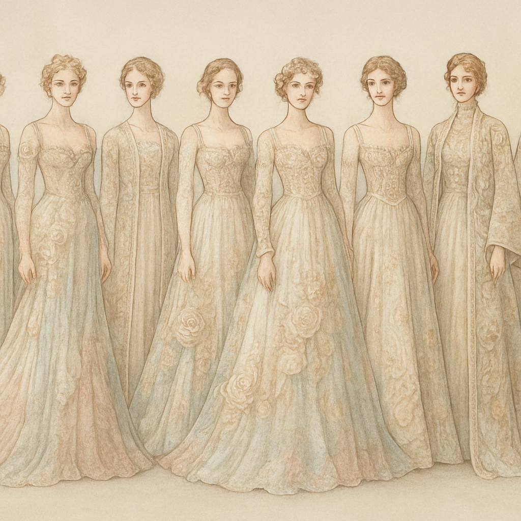 “fashion collection lineup, / 8–12 couture bridal looks, cohesive silhouettes, inspired by Art Nouveau, vintage boudoir, Galliano couture, white lace, 3D roses, multicolored pastel tulle, embroidered robes, opera coats, corsets, lingerie details, surreal floral symbolism, painterly texture, muted romantic palette, elegant lineup presentation on neutral background, consistent illustration style.”.

“fashion collection lineup, / 8–12 couture bridal looks, cohesive silhouettes, inspired by Art Nouveau, vintage boudoir, Galliano couture, white lace, 3D roses, multicolored pastel tulle, embroidered robes, opera coats, corsets, lingerie details, surreal floral symbolism, painterly texture, muted romantic palette, elegant lineup presentation on neutral background, consistent illustration style.”.