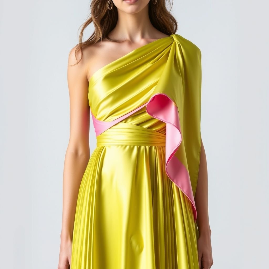* The "Asymmetric Dream" Dress: * Description: Play with hemlines and necklines. A dress that's longer on one side, or features a subtle, elegant asymmetric gather or drape across the bodice. * Details: * Silhouette: A-line or a gentle bias cut to enhance the drape. * Features: One-shoulder design with a delicate long sleeve, or a subtle pleat detail that cascades down one side. * Fabric Focus: Recycled Satin (for a lustrous sheen) or Organic Cotton Sateen with a touch of elastane (for structure and comfort). * Color Palette Application: A vibrant lemon green would be striking, paired with an unexpected soft pink detail (e.g., a contrasting lining that peeks out or a delicate tie). Or a rich purple with nude accents.
Introducing the "Asymmetric Dream" Dress: A mesmerizing blend of elegance and contemporary flair, this dress features a striking one-shoulder design and cascading pleats that dance along an A-line silhouette. Crafted from lustrous recycled satin, it shimmers in vibrant lemon green, with soft pink accents peeking through, embodying sophistication and sustainability.