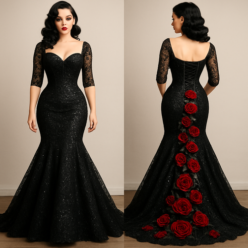 Mermaid wedding dress. Black lace with red roses cascading down the back. Long lace up corset back. Corset boning in the front of the top. 1/3 sleeves, sequins all over the dress.
