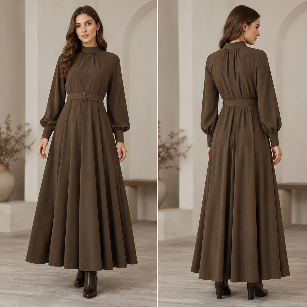A Female Dress design, with modest, full coverage: longer hemlines, higher necklines and covered shoulders, suitable for Fall. ! Present it as professional fashion catalogue photography: the garment is the subject, shown full-length with editorial styling, neutral posing and tasteful, non-suggestive framing.
photorealistic fashion design, A Female Dress design, with modest, full coverage: longer hemlines, higher necklines and covered shoulders, suitable for Fall. ! Present it as professional fashion catalogue photography: the garment is the subject, shown full-length with editorial styling, neutral posing and tasteful, non-suggestive framing., just the design no text