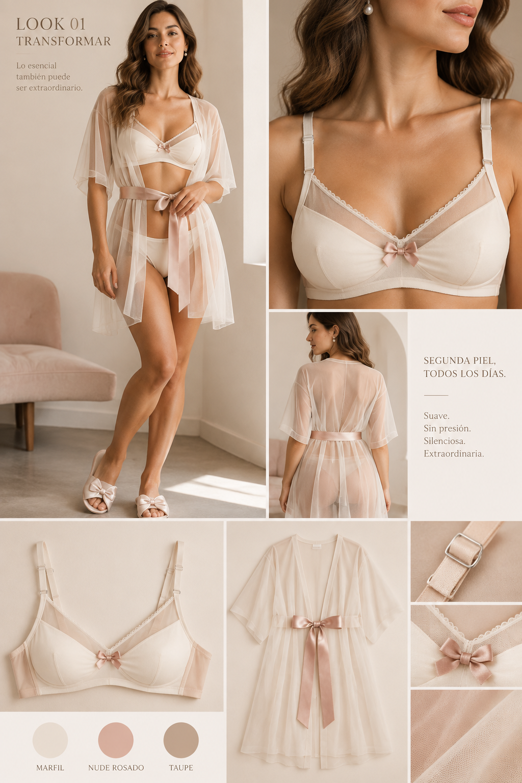 LOOK 01 · TRANSFORMAR (el básico comercial, tipo "segunda piel")
Idea: la pieza que cualquiera querría usar todos los días. Es suave, sin presión, silenciosa y muy bien terminada.
Brasier B01, bralette sin aros de zonas de menor presión:
Jersey algodón-elastano con paneles de malla elástica y tul en el escote y los laterales, para dar transparencia y ligereza.
Bordes sin costura con ribete de elástico plush y una línea fina de festón en la parte superior.
Tirantes y laterales regulables con reguladores en acabado nude-plata. Una cinta de satén en el centro funciona como único detalle de lujo.
Cierre frontal o lateral suave, sin ganchos duros sobre zonas sensibles.
Complemento C01, capa-kimono ligera de tul elástico:
Cae hasta la altura de la cadera o el muslo, con manga corta amplia.
Se amarra con una cinta de satén a la cintura: se abre y envuelve según el día.
Es la segunda piel transparente que cubre sin esconder.
Colores: marfil, nude rosado y taupe, con la cinta en rosa viejo.
Styling: pantufla de satén o sandalia plana nude, aretes de perla, ondas sueltas y piel luminosa.
Prompt (inglés, para generador de imágenes):
Editorial fashion photo of an elegant everyday lingerie look: soft wireless bralette in ivory cotton-elastane jersey with sheer elastic mesh and tulle panels at the neckline and sides, scalloped trim, seamless edges, adjustable satin straps with nude-silver sliders, a delicate old-rose satin ribbon at the center. Paired with a sheer, lightweight ivory elastic-tulle wrap robe (short wide sleeves) tied loosely at the waist with a satin ribbon. Satin slippers, pearl earrings, loose soft waves, luminous skin, soft natural daylight, minimal warm-neutral studio, intimate glam, luxury commercial lingerie campaign, full-length, elegant and serene. Adult woman, tasteful, no medical elements.
LOOK 01 · TRANSFORMAR (el básico comercial, tipo "segunda piel")
Idea: la pieza que cualquiera querría usar todos los días. Es suave, sin presión, silenciosa y muy bien terminada.
Brasier B01, bralette sin aros de zonas de menor presión:
Jersey algodón-elastano con paneles de malla elástica y tul en el escote y los laterales, para dar transparencia y ligereza.
Bordes sin costura con ribete de elástico plush y una línea fina de festón en la parte superior.
Tirantes y laterales regulables con reguladores en acabado nude-plata. Una cinta de satén en el centro funciona como único detalle de lujo.
Cierre frontal o lateral suave, sin ganchos duros sobre zonas sensibles.
Complemento C01, capa-kimono ligera de tul elástico:
Cae hasta la altura de la cadera o el muslo, con manga corta amplia.
Se amarra con una cinta de satén a la cintura: se abre y envuelve según el día.
Es la segunda piel transparente que cubre sin esconder.
Colores: marfil, nude rosado y taupe, con la cinta en rosa viejo.
Styling: pantufla de satén o sandalia plana nude, aretes de perla, ondas sueltas y piel luminosa.
Prompt (inglés, para generador de imágenes):
Editorial fashion photo of an elegant everyday lingerie look: soft wireless bralette in ivory cotton-elastane jersey with sheer elastic mesh and tulle panels at the neckline and sides, scalloped trim, seamless edges, adjustable satin straps with nude-silver sliders, a delicate old-rose satin ribbon at the center. Paired with a sheer, lightweight ivory elastic-tulle wrap robe (short wide sleeves) tied loosely at the waist with a satin ribbon. Satin slippers, pearl earrings, loose soft waves, luminous skin, soft natural daylight, minimal warm-neutral studio, intimate glam, luxury commercial lingerie campaign, full-length, elegant and serene. Adult woman, tasteful, no medical elements.