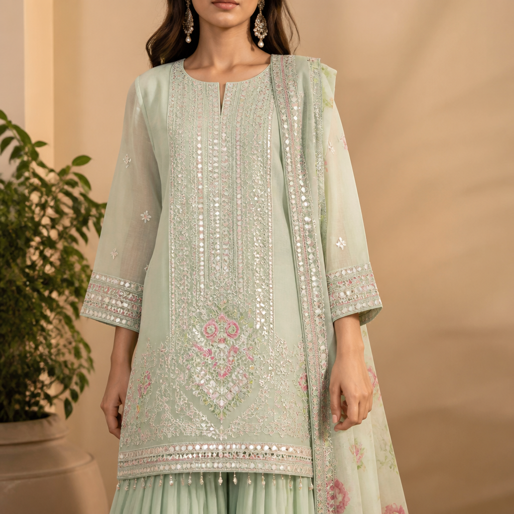 A Top design. Consider Pakistani fashion — shalwar kameez, gharara, sharara; lawn fabrics, chiffon; intricate embroidery and mirror work. Current season is Summer in Pakistan.
photorealistic fashion design, A Top design. Consider Pakistani fashion — shalwar kameez, gharara, sharara; lawn fabrics, chiffon; intricate embroidery and mirror work. Current season is Summer in Pakistan., just the design no text