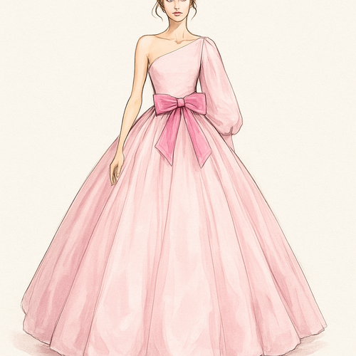 A long, light pink, puffy dress, fitted at the top, with a pink bow tie at the waist and only one sleeve.

