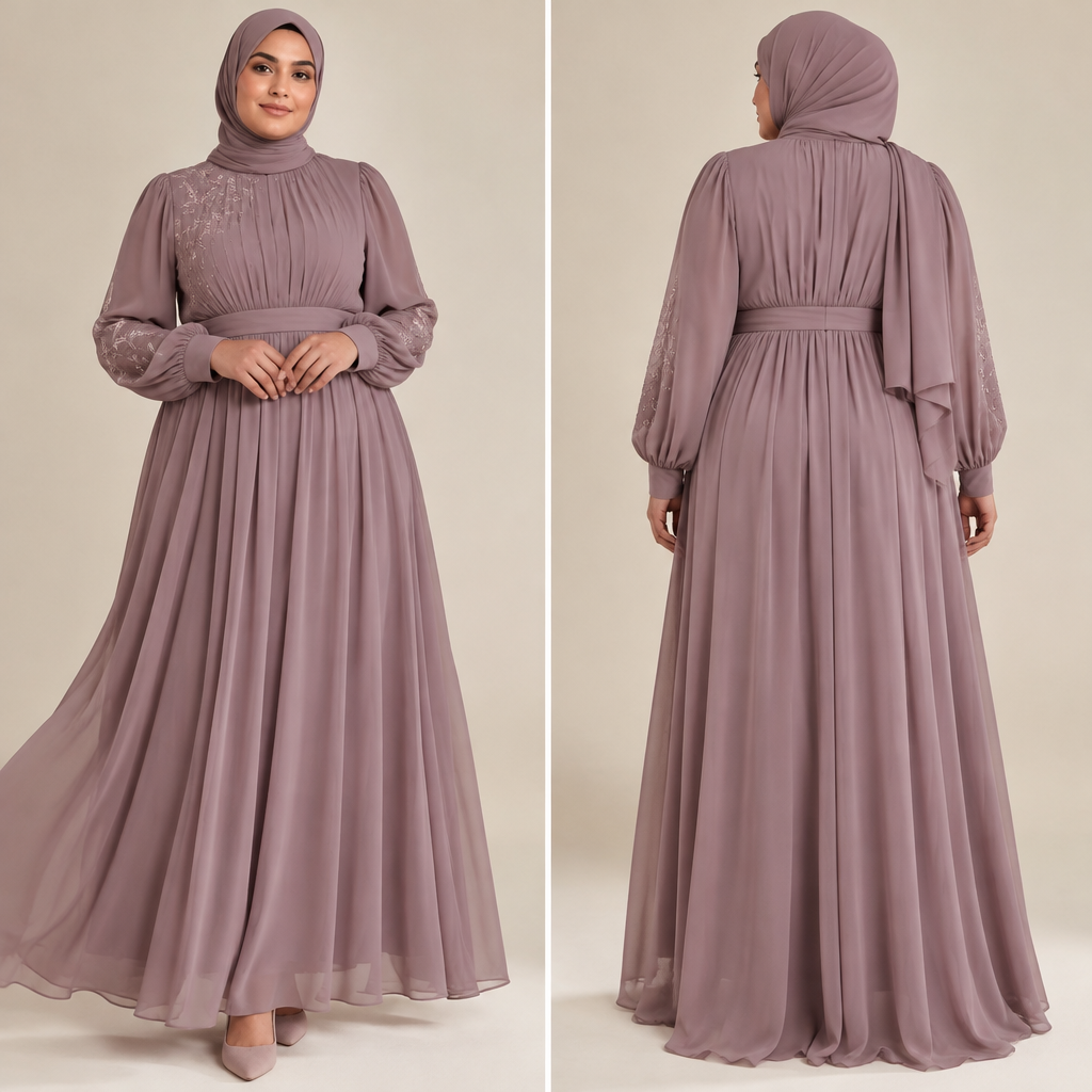 A Female Dress design, made of Chiffon, with a light, flowing drape, with a Flared silhouette, with modest, full coverage: longer hemlines, higher necklines and covered shoulders, for Party, suitable for Summer, suited to a Temperate climate, in Classic + Elegant + Minimalist style, shown on a model with medium skin tone and a plus-size figure. مع حجاب ، وتطريز بسيط Present it as professional fashion catalogue photography: the garment is the subject, shown full-length with editorial styling, neutral posing and tasteful, non-suggestive framing.
photorealistic fashion design, A Female Dress design, made of Chiffon, with a light, flowing drape, with a Flared silhouette, with modest, full coverage: longer hemlines, higher necklines and covered shoulders, for Party, suitable for Summer, suited to a Temperate climate, in Classic + Elegant + Minimalist style, shown on a model with medium skin tone and a plus-size figure. مع حجاب ، وتطريز بسيط Present it as professional fashion catalogue photography: the garment is the subject, shown full-length with editorial styling, neutral posing and tasteful, non-suggestive framing., classic style, just the design no text, show front and back