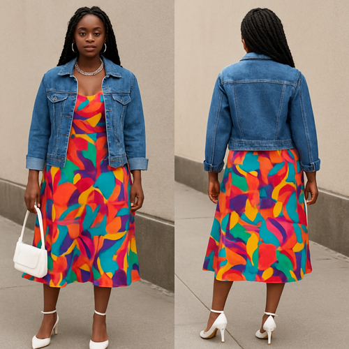 Black woman 
Braids
Gold jewelry
 Colorful sun dress 
Jean jacket white heels 
White purse 
