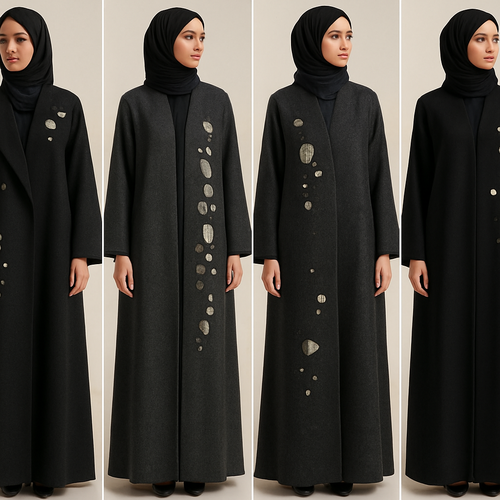 Create a modest abaya, the first of its kind, featuring a unique stone design that exudes a classy and sophisticated vibe. I'd like four designs, each showcasing different styles and fabrics. Incorporate high-end, unique chic stone designs to make them truly special. Add little sophisticated stone designs. Make it irresistible for customers 