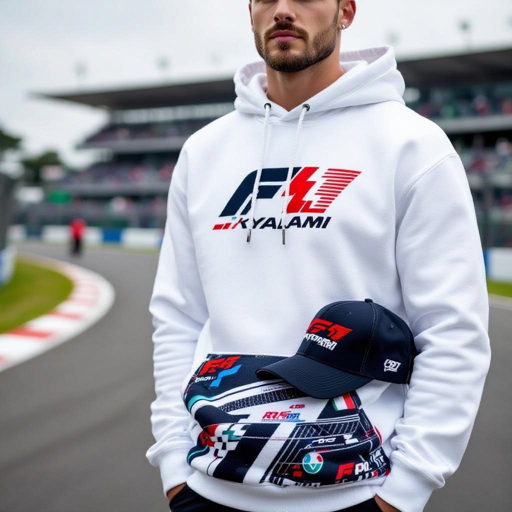 -DESIGN hoodies and caps with embroided f1 and kylami logo with racing track designs provide it in different colours without the people
**DESIGN** French terry hoodies and cotton twill caps. Embellished with embroidered F1 and Kyalami logos and racing track designs. Available in various colors. Apparel only.