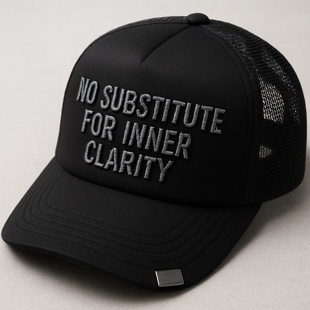 A foam trucker with raised glittery embroidery on the text in black saying no substitute for inner clarity. Put a metal tab on the left side of the hats beak. Make the thread more raised and glittery. Make the font smaller.
A foam trucker with raised glittery embroidery on the text in black saying no substitute for inner clarity. Put a metal tab on the left side of the hats beak. Make the thread more raised and glittery. Make the font smaller.
, streetwear style