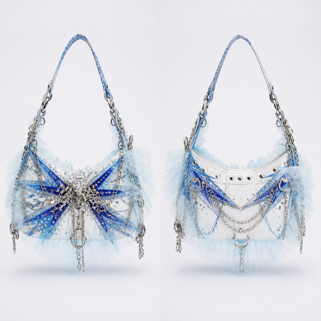 Crea una borsa. Devono avere come decorazione del tulle azzurro ghiaccio, catene decorative argentate, brillantini bianco ottico. Il colore deve essere: bianco freddo, celeste, blu cobalto e blu elettrico
photorealistic fashion design, Crea una borsa. Devono avere come decorazione del tulle azzurro ghiaccio, catene decorative argentate, brillantini bianco ottico. Il colore deve essere: bianco freddo, celeste, blu cobalto e blu elettrico , punk style, just the design no text, show front and back