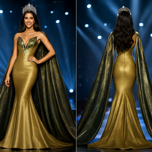 Design a luxurious mermaid-style evening gown for a beauty queen on stage. The dress is mostly matte gold with shiny light green details on the bust shaped like pointed leaves. Add a long gold cape with black, gray, and green reflections, metallic gray shimmer. Show the model full body, with elegant posture, long hair, and glamorous pageant makeup. The background must look like an international stage with lights and runway, high-quality fashion photography lighting.”
