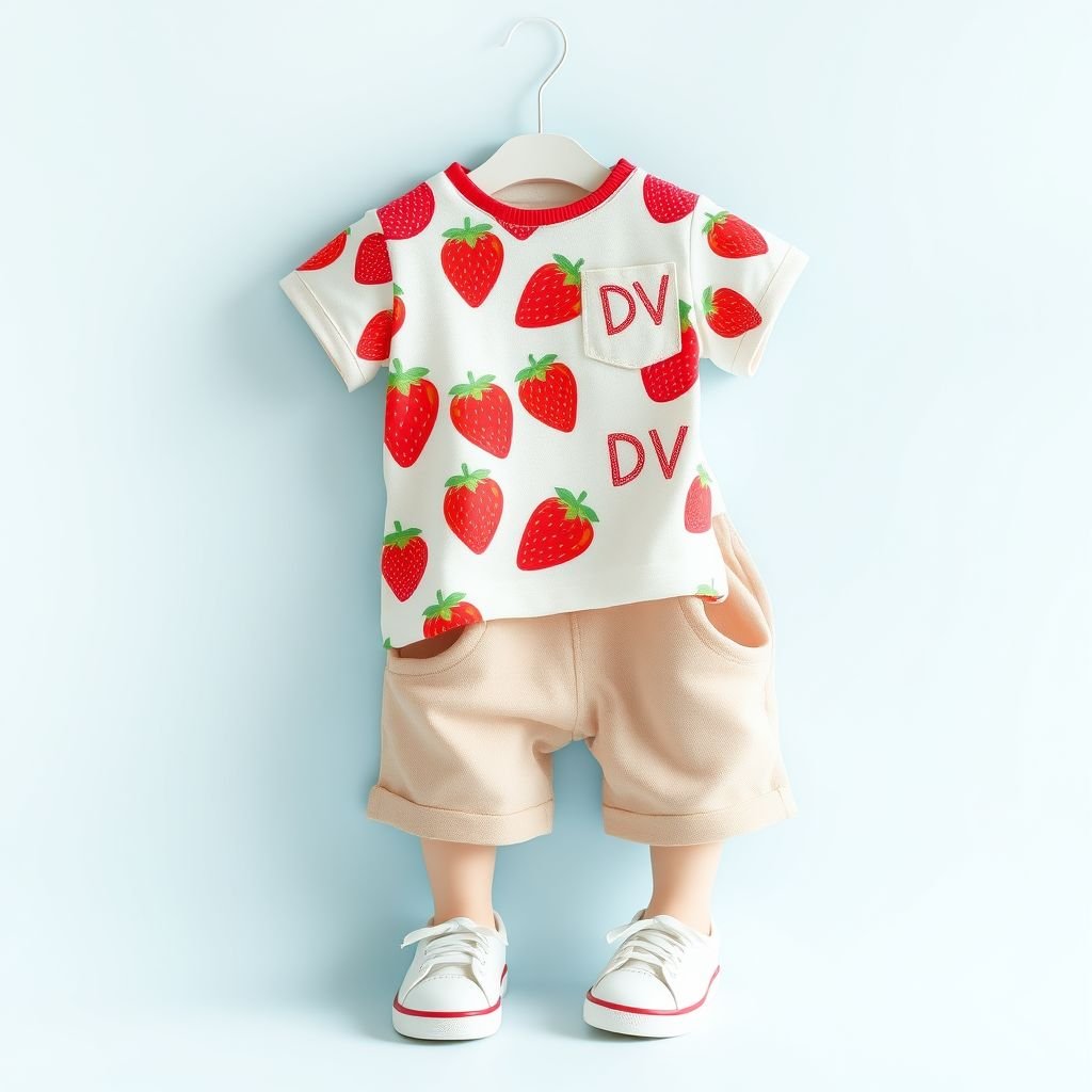Baby infant and toddler strawberry shortcake outfit. With DV on it somewhere
Design a playful, casual outfit for infants and toddlers featuring vibrant strawberry shortcake motifs. Incorporate soft, breathable fabrics for comfort. The outfit includes a short-sleeve onesie adorned with a whimsical strawberry print, paired with relaxed-fit shorts. Add "DV" whimsically embroidered on the pocket for a personalized touch and simple, cute sneakers.