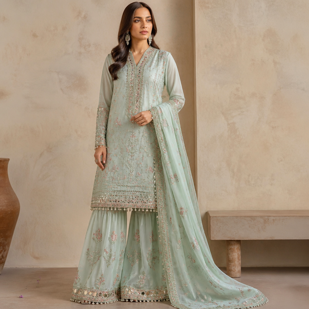 A Female Dress design, suitable for Summer. Consider Pakistani fashion — shalwar kameez, gharara, sharara; lawn fabrics, chiffon; intricate embroidery and mirror work. Current season is Summer in Pakistan.
photorealistic fashion design, A Female Dress design, suitable for Summer. Consider Pakistani fashion — shalwar kameez, gharara, sharara; lawn fabrics, chiffon; intricate embroidery and mirror work. Current season is Summer in Pakistan., just the design no text