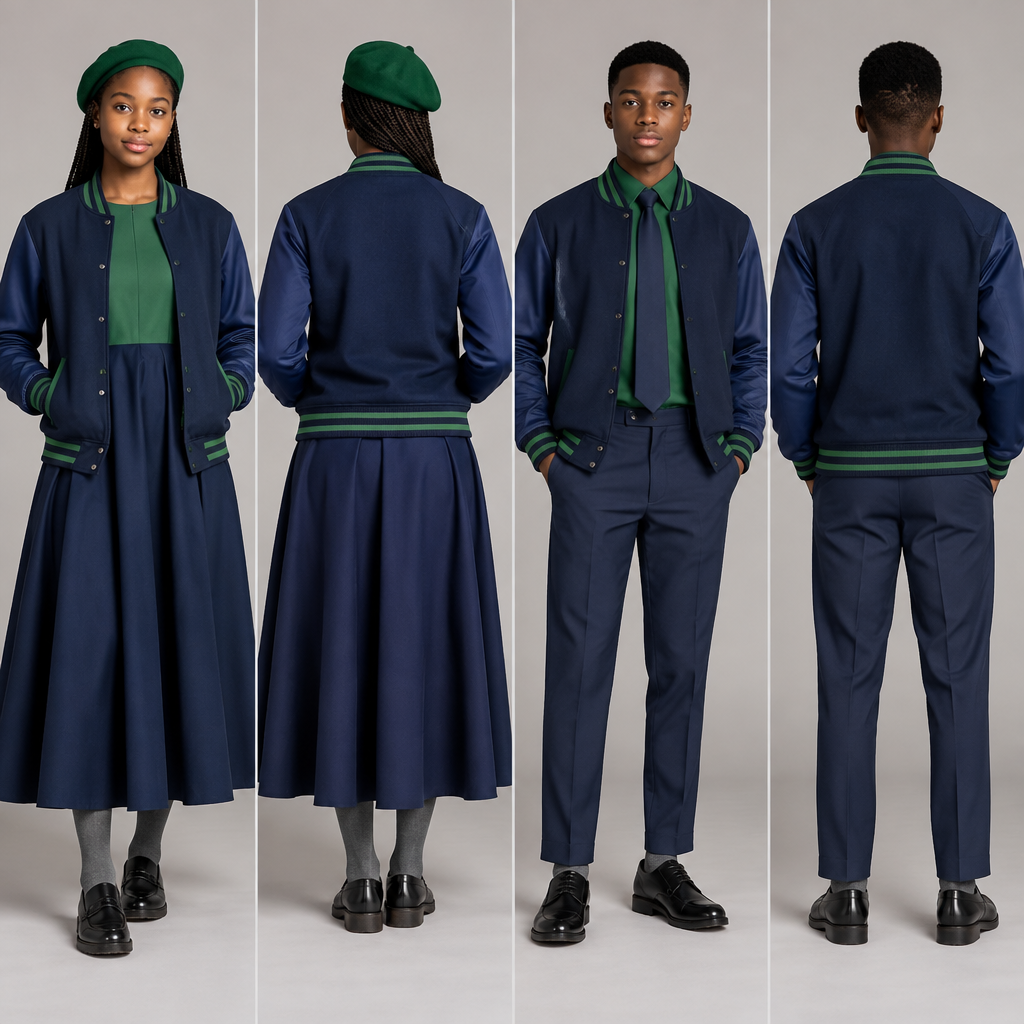 Design a blue baseball jacket with green accents. Blue arms. for both male and female. Use black teenagers as models.
A fit flare dress top half green and bottom half blue, covering chest area completely, almost reaching ankles, a green barrett and grey socks for the female.
A blue relaxed trouser, reaching ankles, a green shirt, blue tie and grey socks for the male.
Nice school shoes for both. Show back and front face for both genders. South Africa fashion aesthetics. Present it as professional fashion catalogue photography: the garment is the subject, shown full-length with editorial styling, neutral posing and tasteful, non-suggestive framing.
photorealistic fashion design, Design a blue baseball jacket with green accents. Blue arms. for both male and female. Use black teenagers as models.
A fit flare dress top half green and bottom half blue, covering chest area completely, almost reaching ankles, a green barrett and grey socks for the female.
A blue relaxed trouser, reaching ankles, a green shirt, blue tie and grey socks for the male.
Nice school shoes for both. Show back and front face for both genders. South Africa fashion aesthetics. Present it as professional fashion catalogue photography: the garment is the subject, shown full-length with editorial styling, neutral posing and tasteful, non-suggestive framing., just the design no text