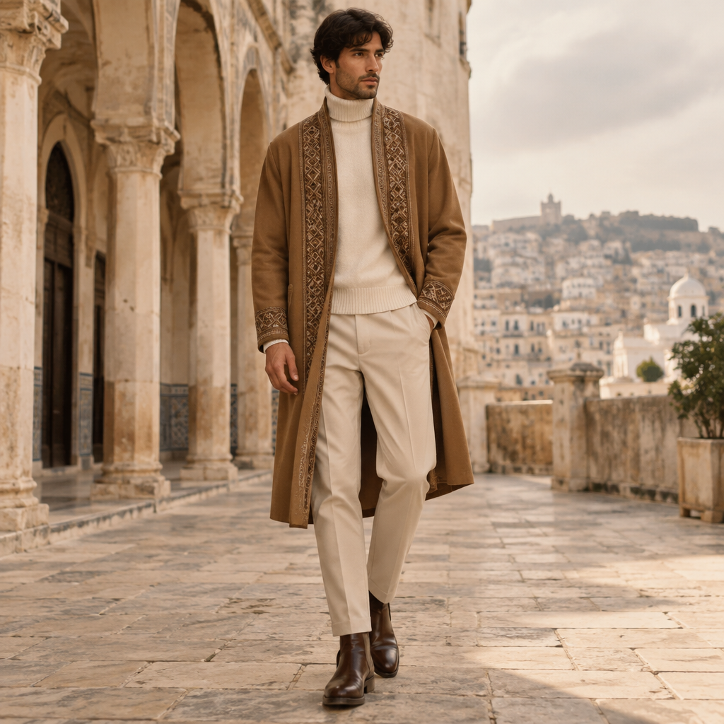 A Male fashion design. Algeria fashion aesthetics. Current season is Autumn in Algeria. Present it as professional fashion catalogue photography: the garment is the subject, shown full-length with editorial styling, neutral posing and tasteful, non-suggestive framing.
photorealistic fashion design, A Male fashion design. Algeria fashion aesthetics. Current season is Autumn in Algeria. Present it as professional fashion catalogue photography: the garment is the subject, shown full-length with editorial styling, neutral posing and tasteful, non-suggestive framing., just the design no text