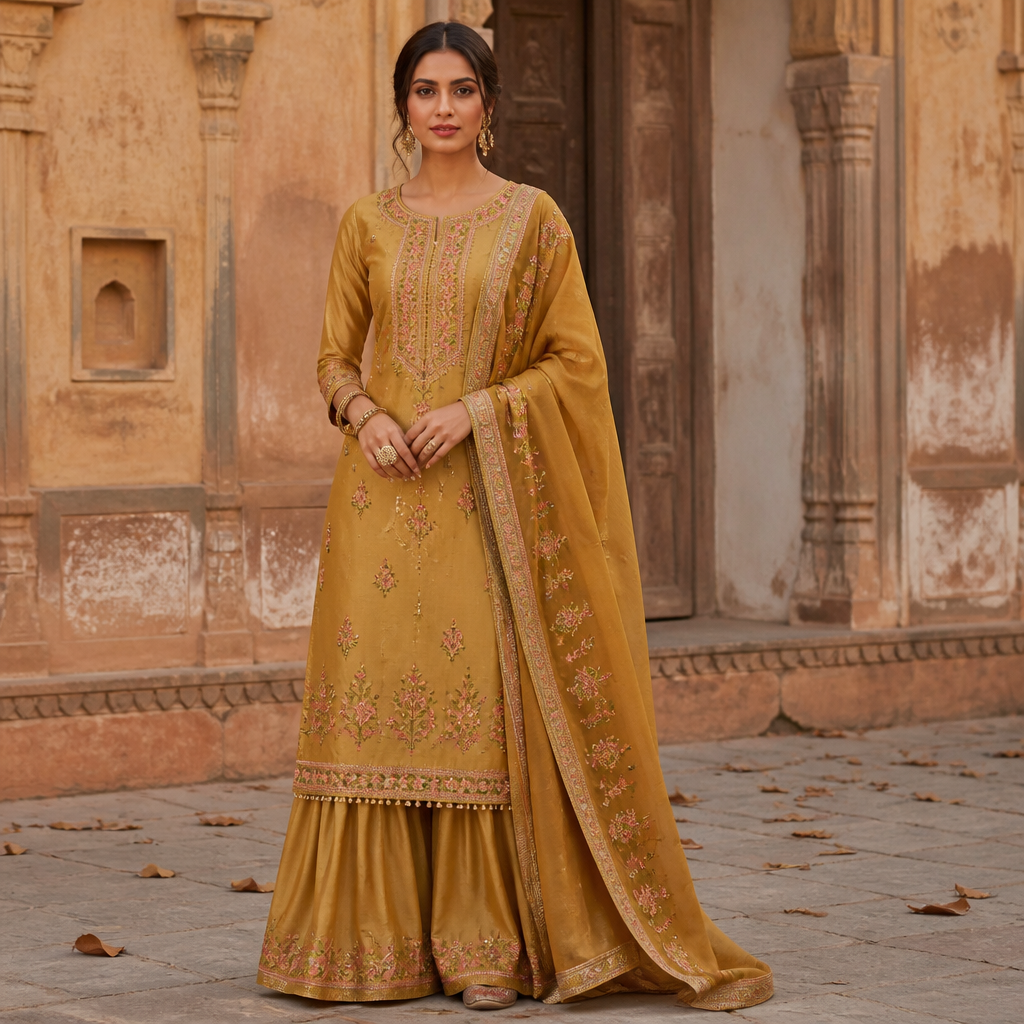 A Female Dress design, suitable for Fall. Consider Indian fashion aesthetics — consider saree, lehenga, salwar kameez, kurti, anarkali; local fabrics like chanderi, banarasi, chikankari, block prints; vibrant colors and rich embroidery. Current season is Autumn in India. Present it as professional fashion catalogue photography: the garment is the subject, shown full-length with editorial styling, neutral posing and tasteful, non-suggestive framing.
photorealistic fashion design, A Female Dress design, suitable for Fall. Consider Indian fashion aesthetics — consider saree, lehenga, salwar kameez, kurti, anarkali; local fabrics like chanderi, banarasi, chikankari, block prints; vibrant colors and rich embroidery. Current season is Autumn in India. Present it as professional fashion catalogue photography: the garment is the subject, shown full-length with editorial styling, neutral posing and tasteful, non-suggestive framing., just the design no text