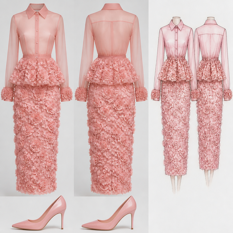 Put the pink roses on the cuffs of the blouse and make the shoes pointy toe with the heel out
edit the attached fashion design with these instructions: Put the pink roses on the cuffs of the blouse and make the shoes pointy toe with the heel out. keep it photorealistic, just the design no text