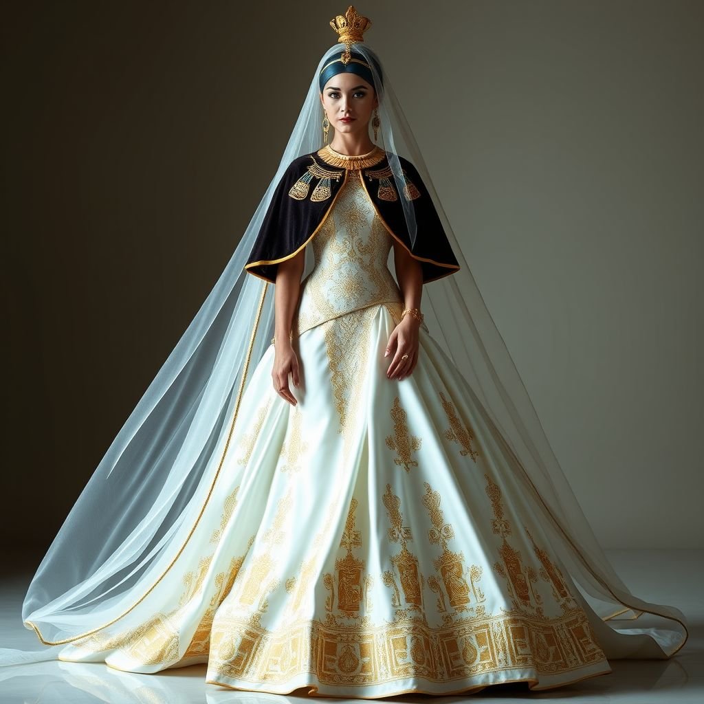Ancient Egyptian inspired royal ball gown, white, gold accessories, intricate details, cape, and veil
Envision an Ancient Egyptian-inspired royal ball gown, crafted from luminous silk and adorned with intricate hieroglyphic embroidery. The gown shimmers in pearly white, featuring a dramatic floor-length velvet cape lined with gold. A delicate, sheer veil cascades over the shoulders, while bold golden accessories accentuate the regal silhouette, evoking timeless elegance.