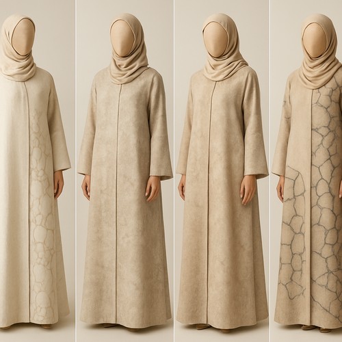 Create a modest two-piece linen abaya, the first of its kind, featuring a unique stone design that exudes a classy and sophisticated vibe. I’d like four designs, each showcasing different styles and fabrics. Incorporate high-end, unique chic stone designs to make them truly special. Add little sophisticated stone designs.