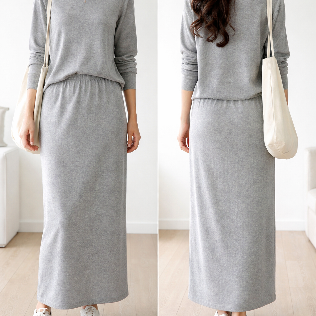 Make sure the fabric is cotton a long sleeve grey thin sweater with a pencil long skirt and white sneakers make sure the skirt isn’t too tight don’t draw the face make sure their is no slit on the skirt make it cotton
Make sure the fabric is cotton a long sleeve grey thin sweater with a pencil long skirt and white sneakers make sure the skirt isn’t too tight don’t draw the face make sure their is no slit on the skirt make it cotton , show front and back