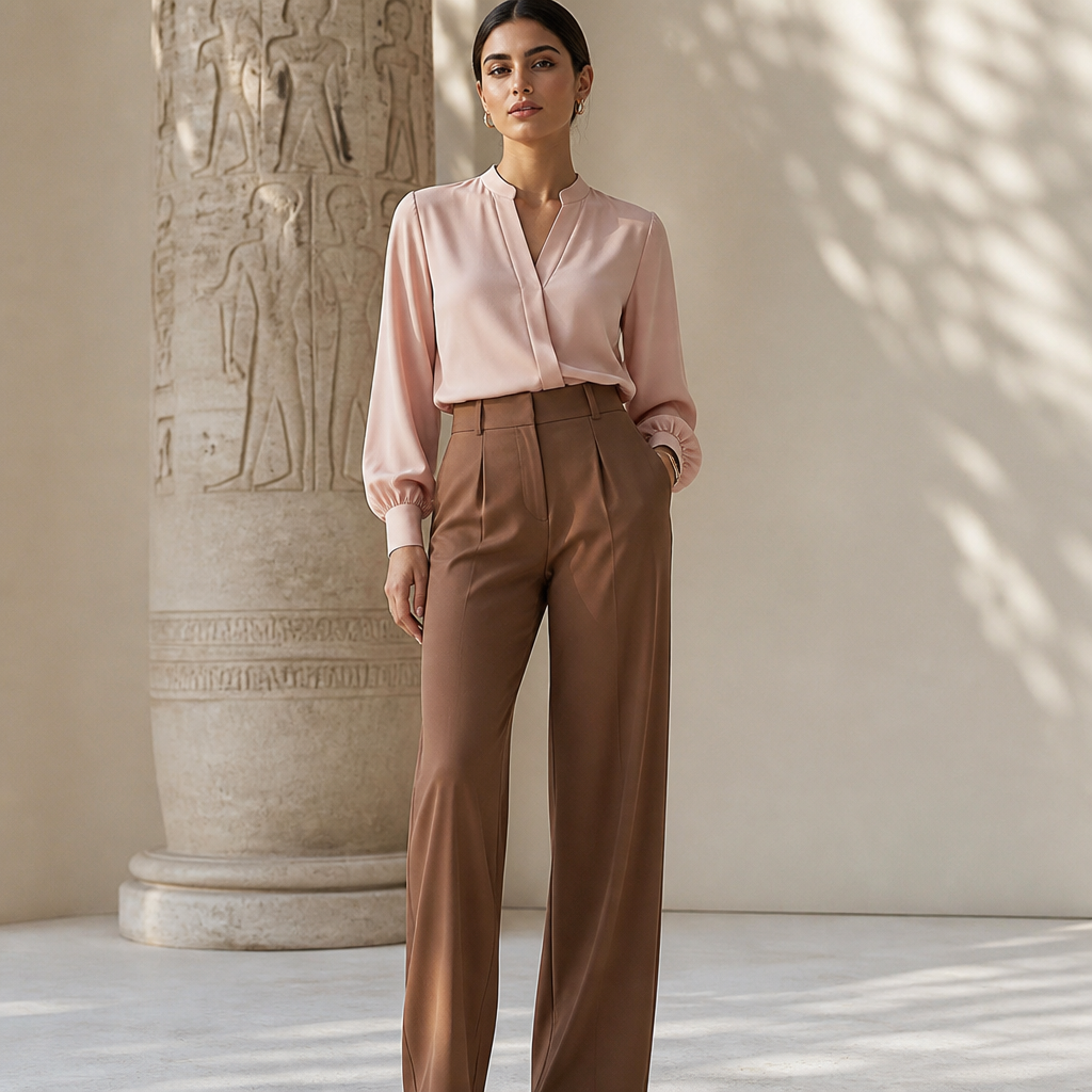 in Classic style. light pink top or shirt and brown pant. Egypt fashion aesthetics.
photorealistic fashion design, in Classic style. light pink top or shirt and brown pant. Egypt fashion aesthetics., classic style, just the design no text