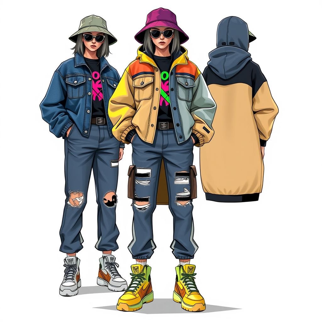 Garment
Design a cutting-edge streetwear garment that features oversized silhouettes and vibrant graphic prints. Incorporate a mix of textures, such as distressed denim and sleek nylon, for a layered look. Highlight bold color blocking with iridescent accents, alongside utility pockets. Include unique accessories like bucket hats and chunky sneakers to complete the urban vibe.