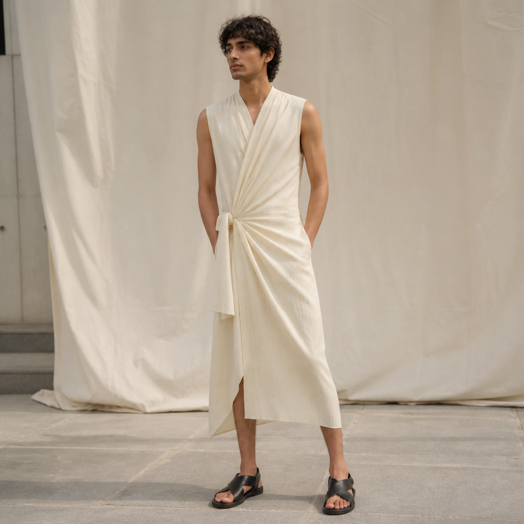 A Male Dress design, suitable for Summer. UG fashion aesthetics. Present it as professional fashion catalogue photography: the garment is the subject, shown full-length with editorial styling, neutral posing and tasteful, non-suggestive framing.
photorealistic fashion design, A Male Dress design, suitable for Summer. UG fashion aesthetics. Present it as professional fashion catalogue photography: the garment is the subject, shown full-length with editorial styling, neutral posing and tasteful, non-suggestive framing., just the design no text