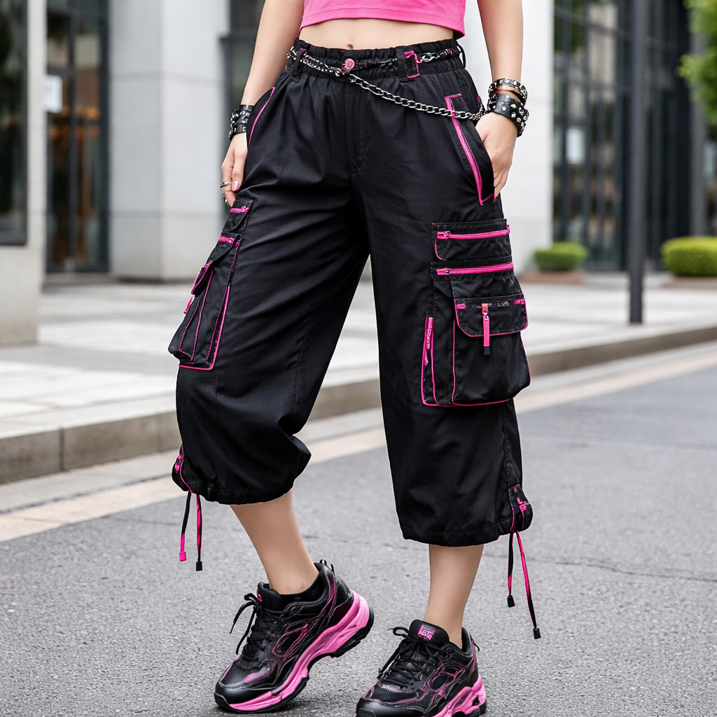 black lightweight feminine capri cargo pants with hot pink trim
Korean Fashion fashion design: Black lightweight cotton capri cargo pants with hot pink trim, featuring a relaxed fit and subtle utility pockets, embodying Korean street style.