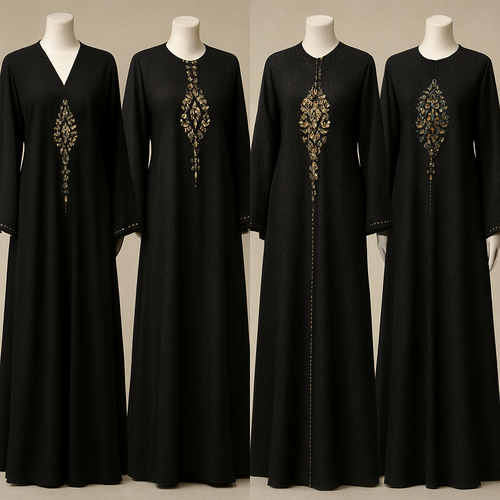 Create me modest abaya that's first in the world, using unique stone design, classy and sophisticated. Keep me 4 designs. Make them rich by adding unique chic stone high end designs and . Showcasing different styles and fabric.