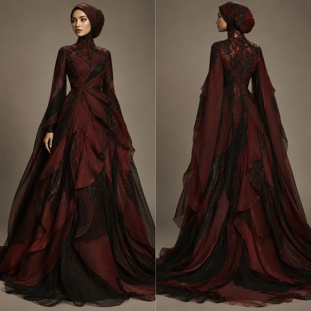 Ii samee dhar modest ah oo ka kooban dark red and black oo horey loo arkin dunida oo qurux badan
Waxaan rabaa inaan ku aado met gala. SO fashion aesthetics. Present it as professional fashion catalogue photography: the garment is the subject, shown full-length with editorial styling, neutral posing and tasteful, non-suggestive framing.
photorealistic fashion design, Ii samee dhar modest ah oo ka kooban dark red and black oo horey loo arkin dunida oo qurux badan
Waxaan rabaa inaan ku aado met gala. SO fashion aesthetics. Present it as professional fashion catalogue photography: the garment is the subject, shown full-length with editorial styling, neutral posing and tasteful, non-suggestive framing., just the design no text