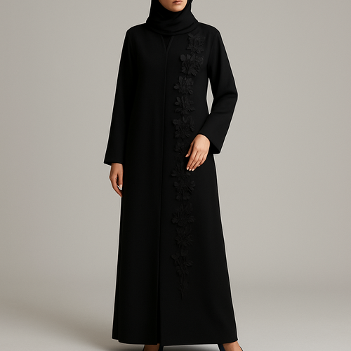 The Classic Floral Side-Line Abaya
Tone: Jet Black Design: A straight line of delicate 3D flowers + stones running down one side only. Why it will sell: Very slimming, minimal, elegant — perfect for everyday + occasions.