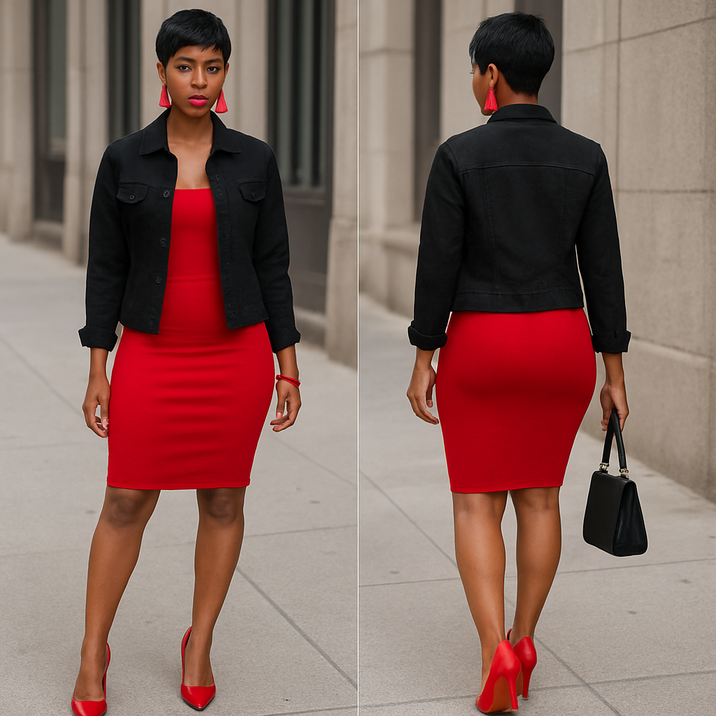 Black woman
Bodycon red dress
Black button down jacket
Red earrings and red bracelet
Pixie cut
Red heels
Black purse
Black woman
Bodycon red dress
Black button down jacket
Red earrings and red bracelet
Pixie cut
Red heels
Black purse
, streetwear style, show front and back