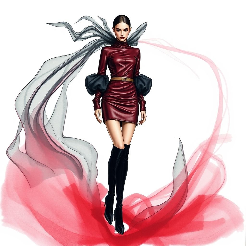 Merlot, black, leather, chiffon, mini, mutton sleeves, knee high boots, colour drawing
Envision an avant-garde fashion masterpiece: a mini dress blending rich merlot leather and ethereal black chiffon. Dramatic mutton sleeves cascade, defying tradition. Knee-high boots with sculptural silhouettes complete the look. The ensemble, a bold yet harmonious color drawing, challenges norms while celebrating fluidity in form and texture, embodying contemporary artistic expression.