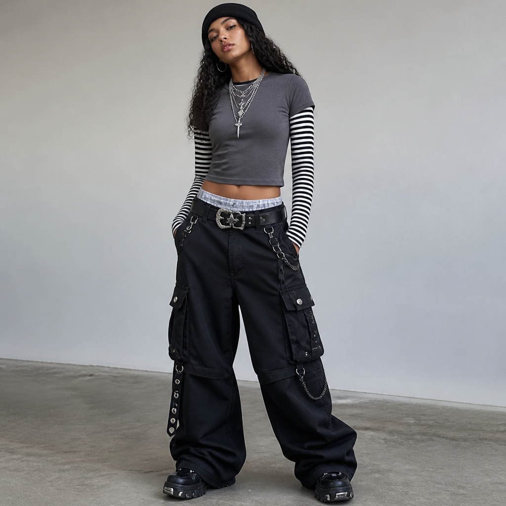 Make baggy cargo pants that is paired with a big chunky belt with a big silver emo looking buckle. Have a tight shirt that is slightly cropped enough to see the top of boxers popping out of the top of the pants. Make pants be black with sliver accesories. Make the shirt be like a tee shirt that’s grey with long sleeves that are black and white stripes under it. Make a stack of silver necklaces and some silver earrings. Make the model be a mixed girl with long curly hair and a black beanie on.
photorealistic fashion design, Make baggy cargo pants that is paired with a big chunky belt with a big silver emo looking buckle. Have a tight shirt that is slightly cropped enough to see the top of boxers popping out of the top of the pants. Make pants be black with sliver accesories. Make the shirt be like a tee shirt that’s grey with long sleeves that are black and white stripes under it. Make a stack of silver necklaces and some silver earrings. Make the model be a mixed girl with long curly hair and a black beanie on., streetwear style, just the design no text
